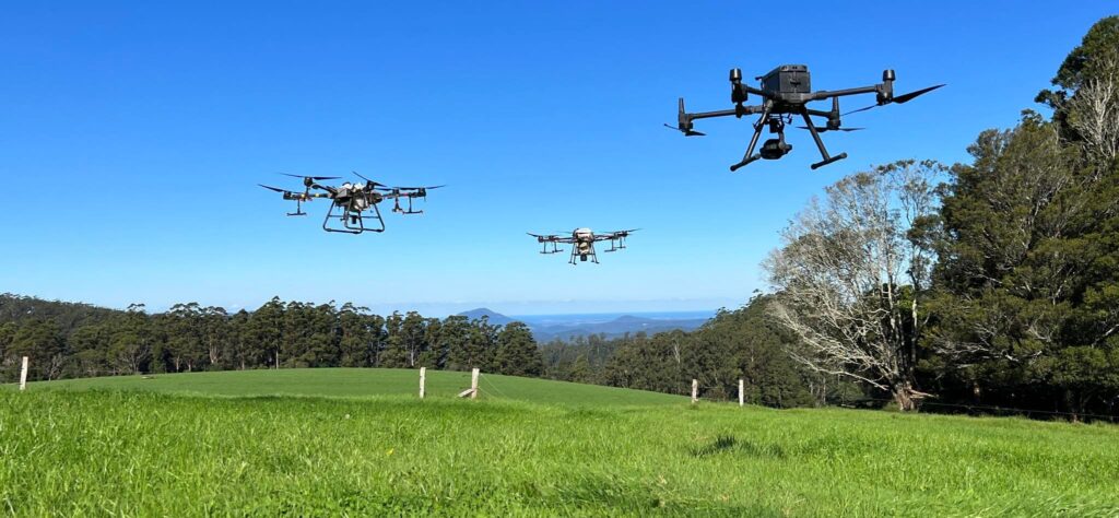 The LyonAg drone range in flight